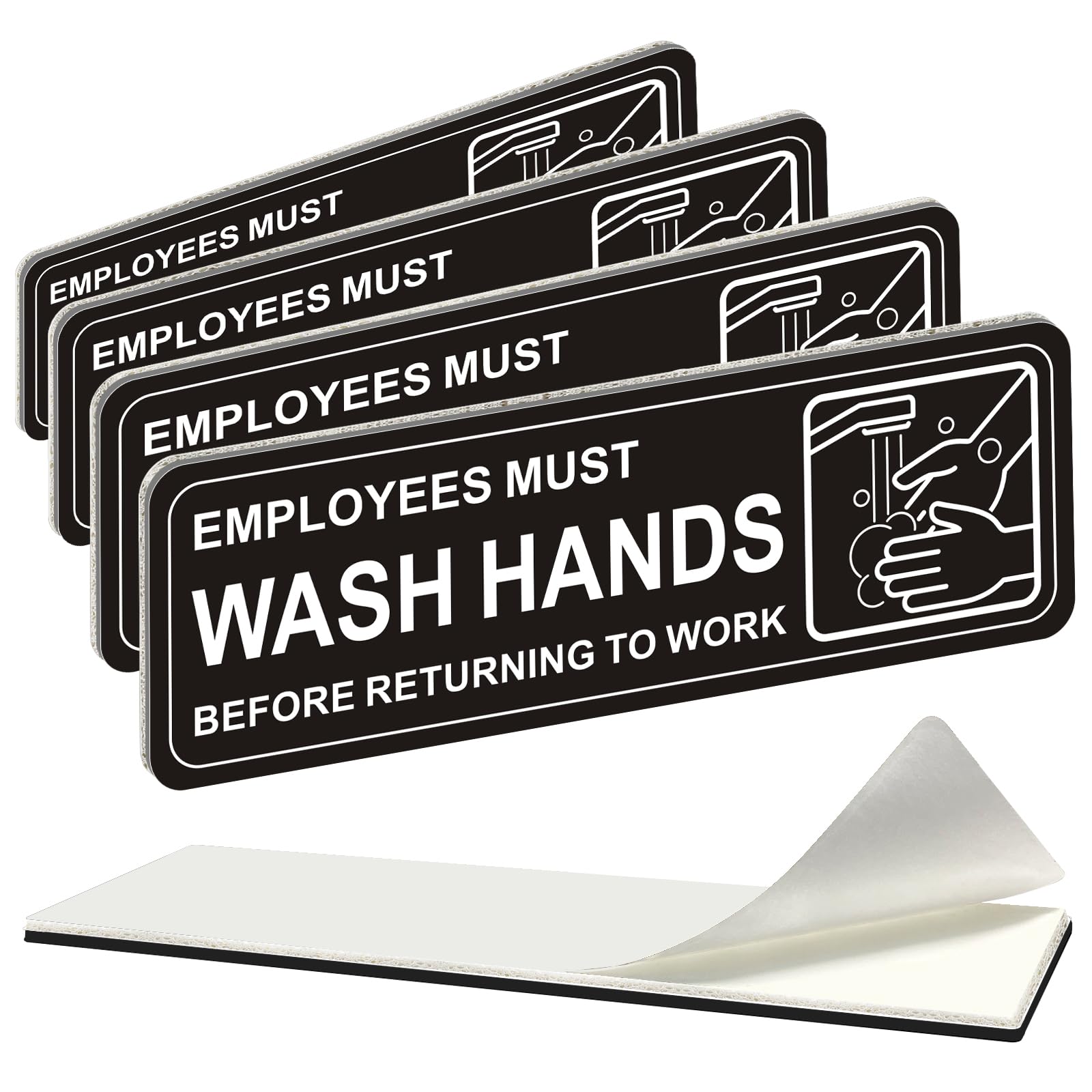 i-CowFun (4 Pack) Premium Self-adhesive Employees Must Wash Hands Sign, 9" x 3" Durable Acrylic Hand Washing Signs with Symbols, for Business,