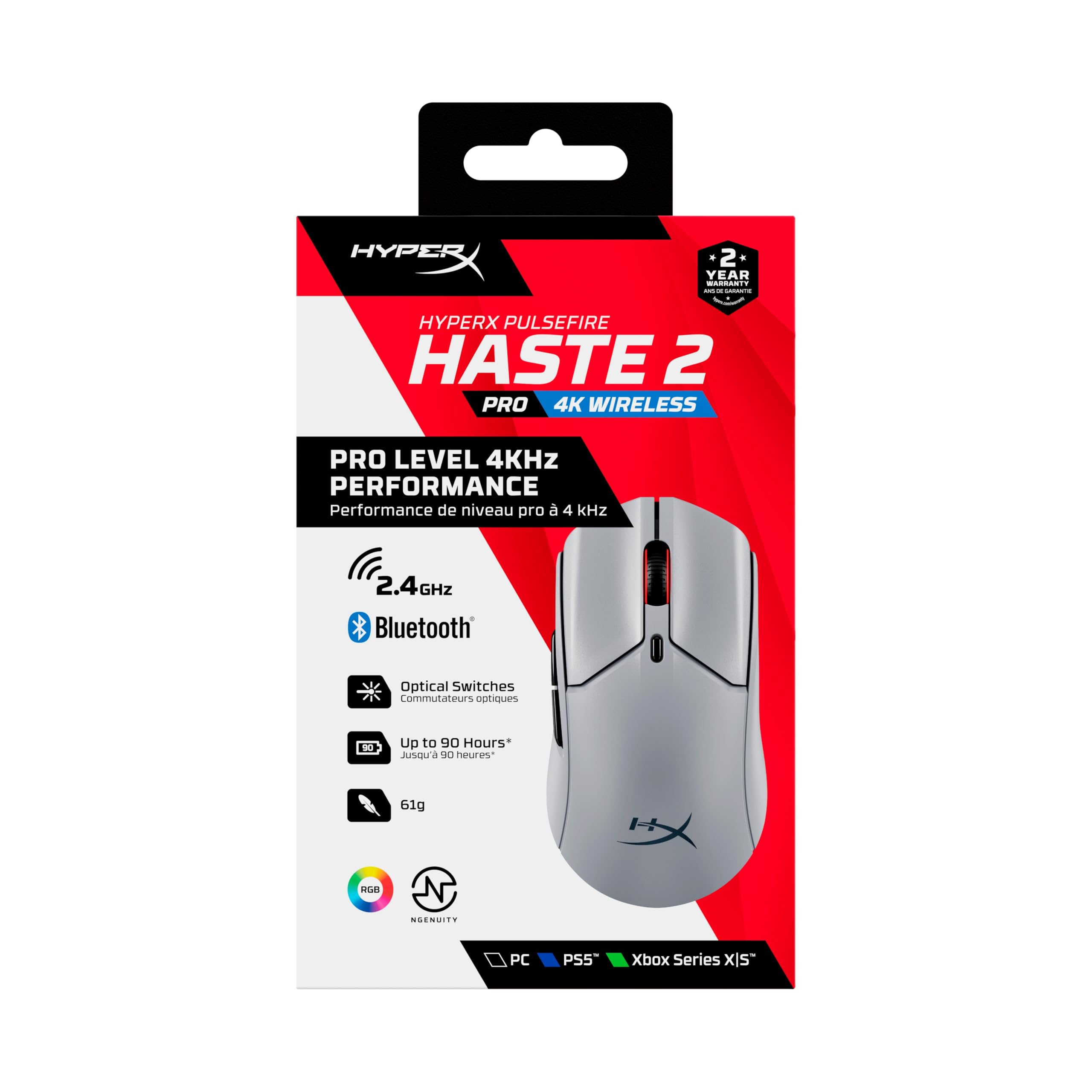 HyperX Pulsefire Haste 2 Pro Wireless, Souris Gaming sans Fil Ultra Légère 61 g, Capteur HyperX 26K Jusqu’à 26 000 DPI, Polling Rate 4 000 Hz, Double Connexion sans Fil 2.4 GHz et Bluetooth, Gris