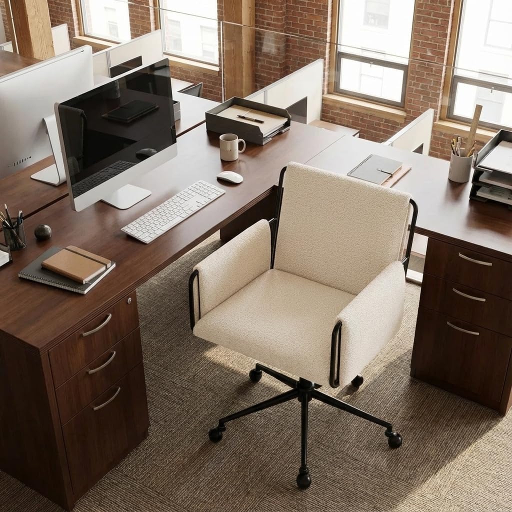 YOUNIKE Wide Seat Home Office Chair with Arms Modern Desk Chair with Wheels Fabric Vanity Chairs with Comfy Back Cross Legs Adjustable Swivel Rolling Computer Task Chair for Study Bedroom Makeup Beige