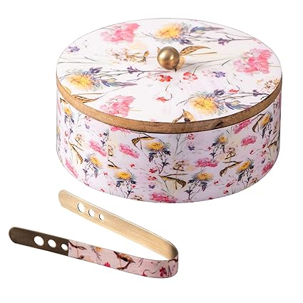 nestroots casserole for roti | hot box for kitchen wooden Printed chapati box for kitchen |hot pot roti box with Tong (9 inch Dia, White Flower)