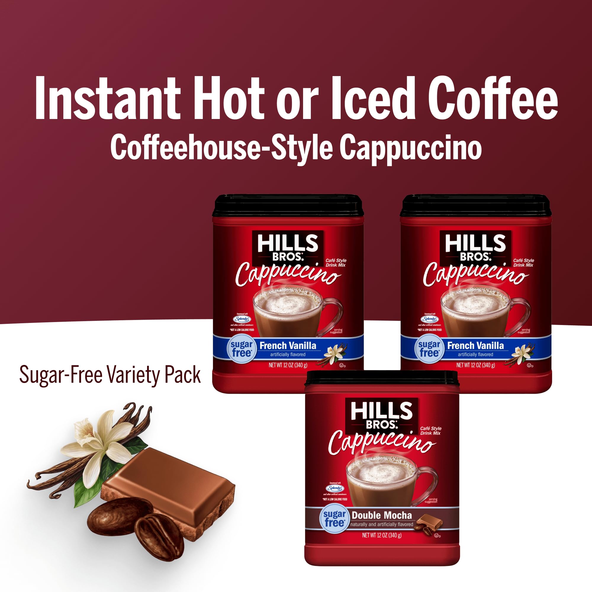 Hills Bros. Instant Cappuccino-Mischung, zuckerfreie französische Vanille und Doppel-Mokka-Variety Pack (340 ml, 3 Stück) – praktisch und vielseitig, sofort heißer oder Eiskaffee, schaumiger und