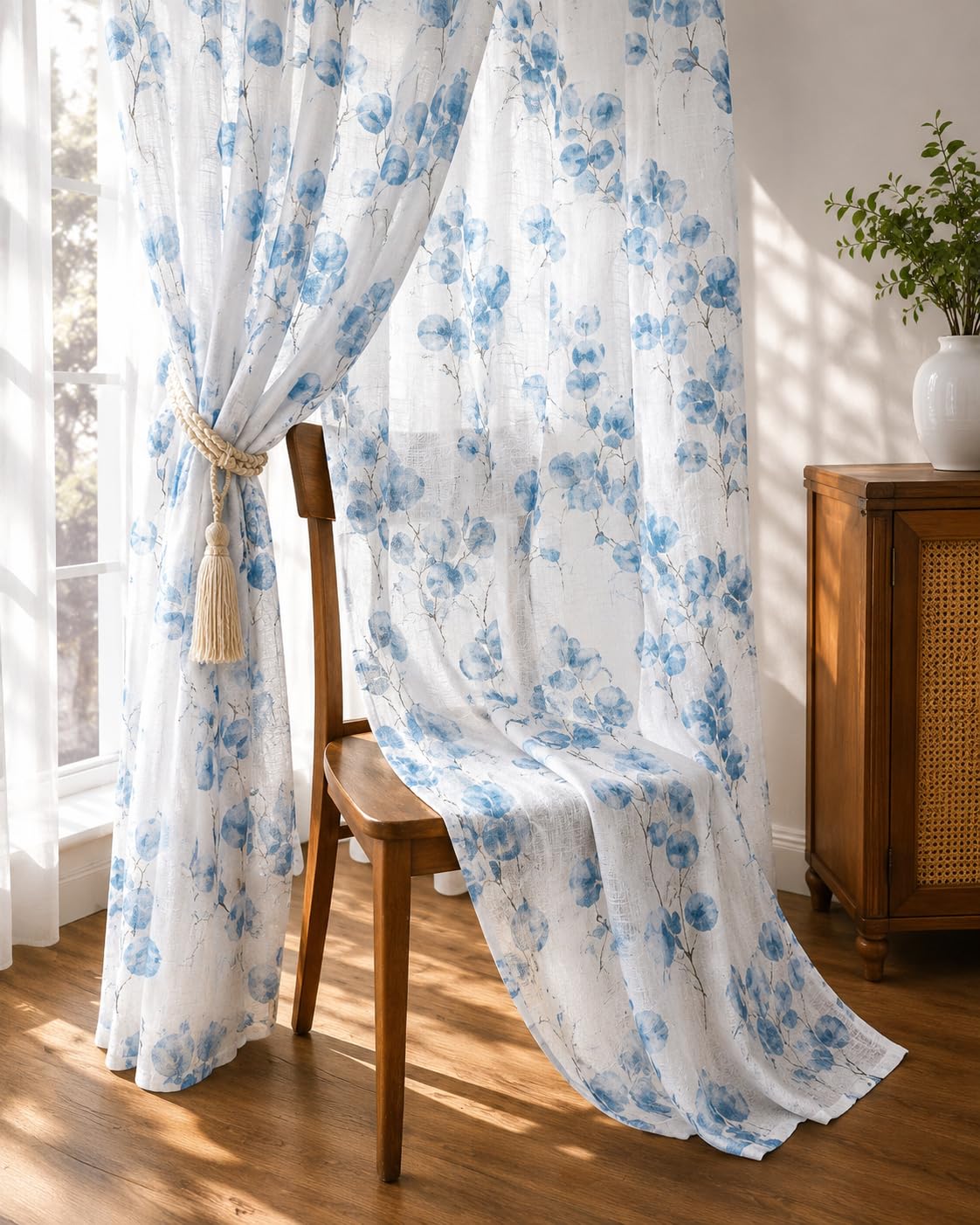 THE LINEN COMPANY Cotton Linen Sheer Door Curtains, Semi Transparent Light Filter Drapes with Rod Pocket, Modern Door Panel Curtain for Home Decor, Soft Blue, 7 Feet, Pack of 1