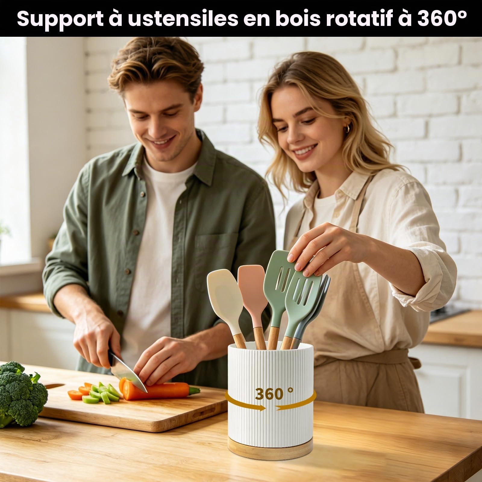 Porte Ustensiles Cuisine en Céramique: Porte-ustensiles en Bois Pivotant à 360°-Facile à Nettoyer Rangement pour ustensiles de Cuisine-Support pour Ustensiles de Cuisine pour Spatules Cuillères
