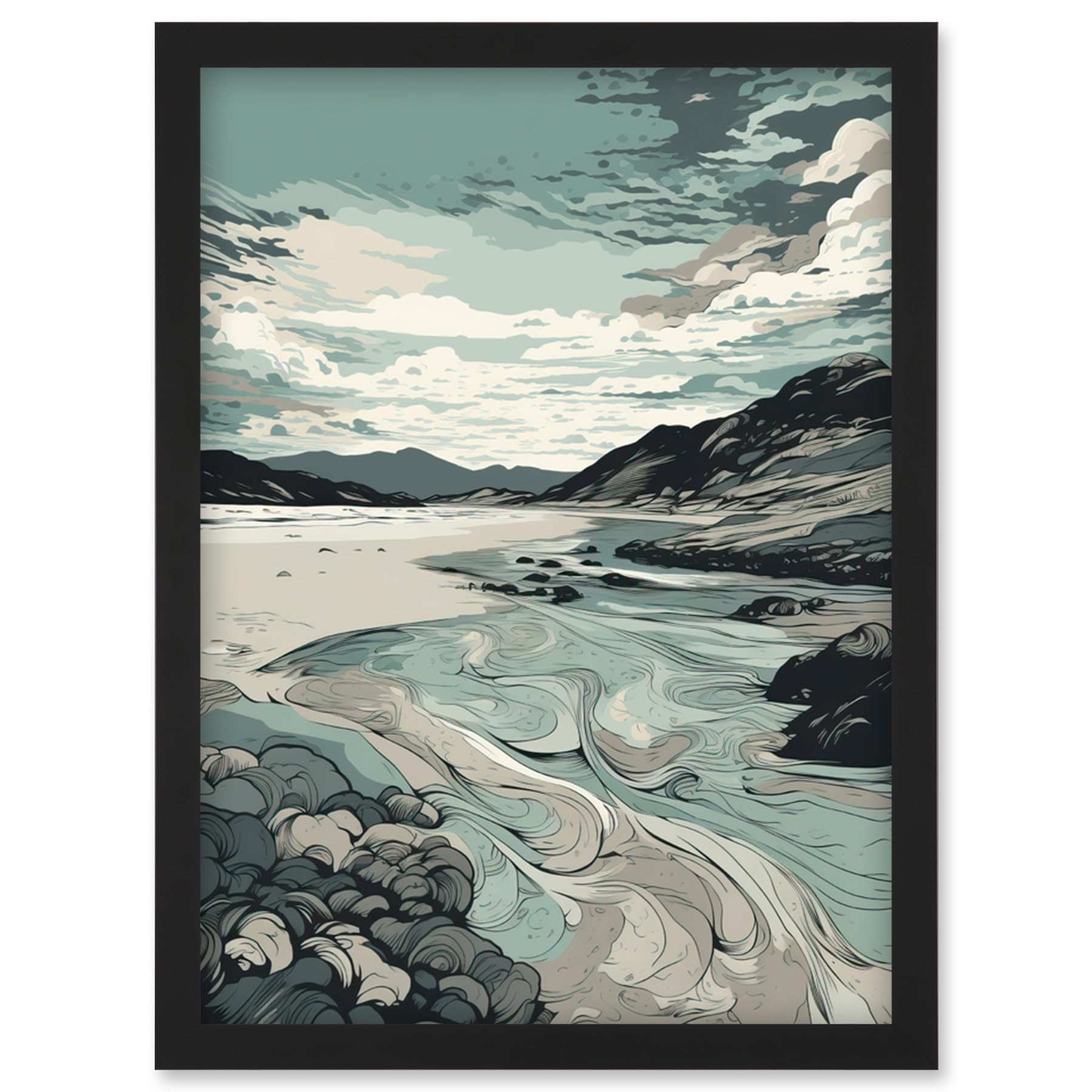 Artery8 Luskentyre Beach Coastal Landscape Illustration Artwork Framed Wall Art Print A4