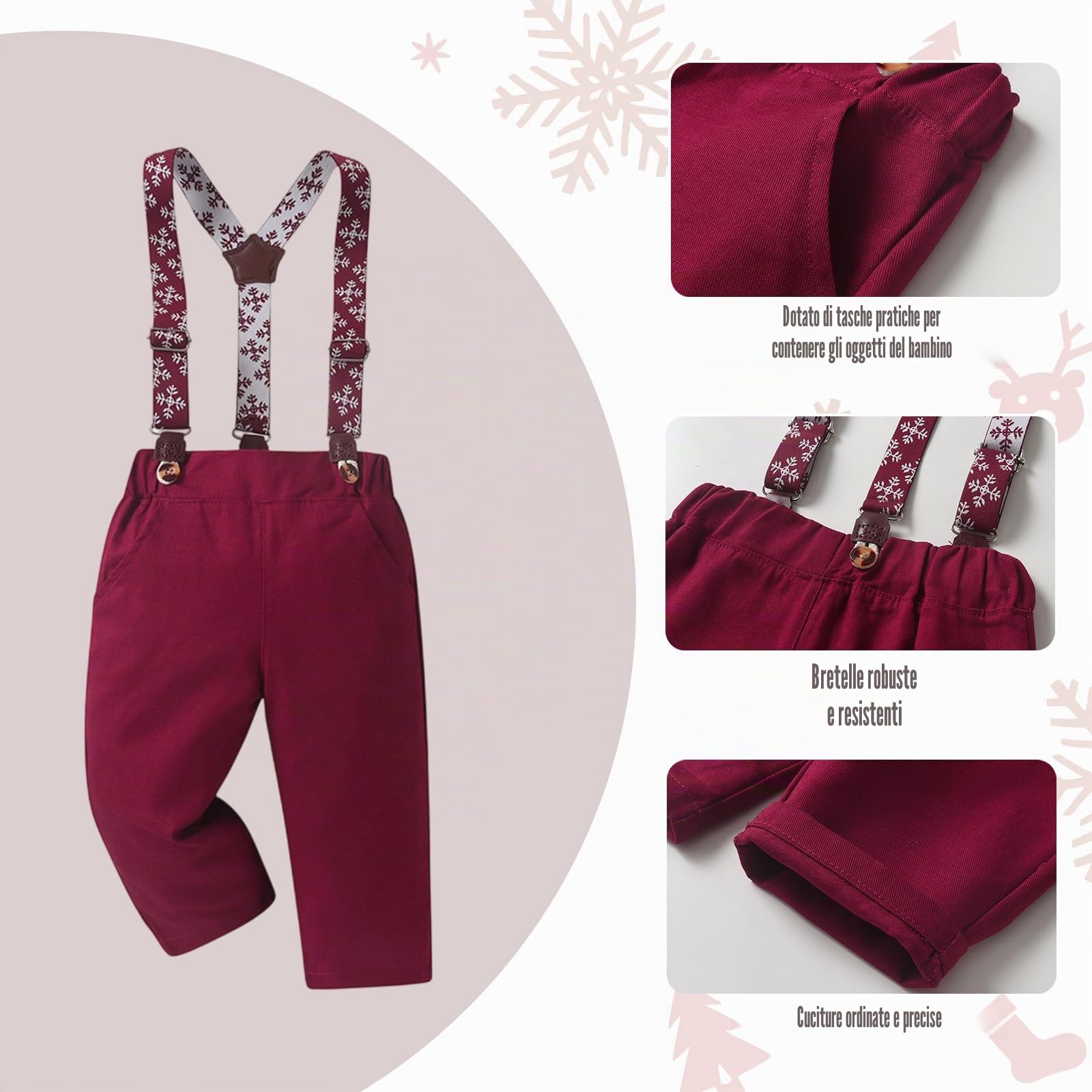 Tuta Elegante da Gentiluomo per Neonato con Bretelle, Pantaloni, Papillon e Coppola Abbigliamento Natalizio per Feste 6-24 Mesi
