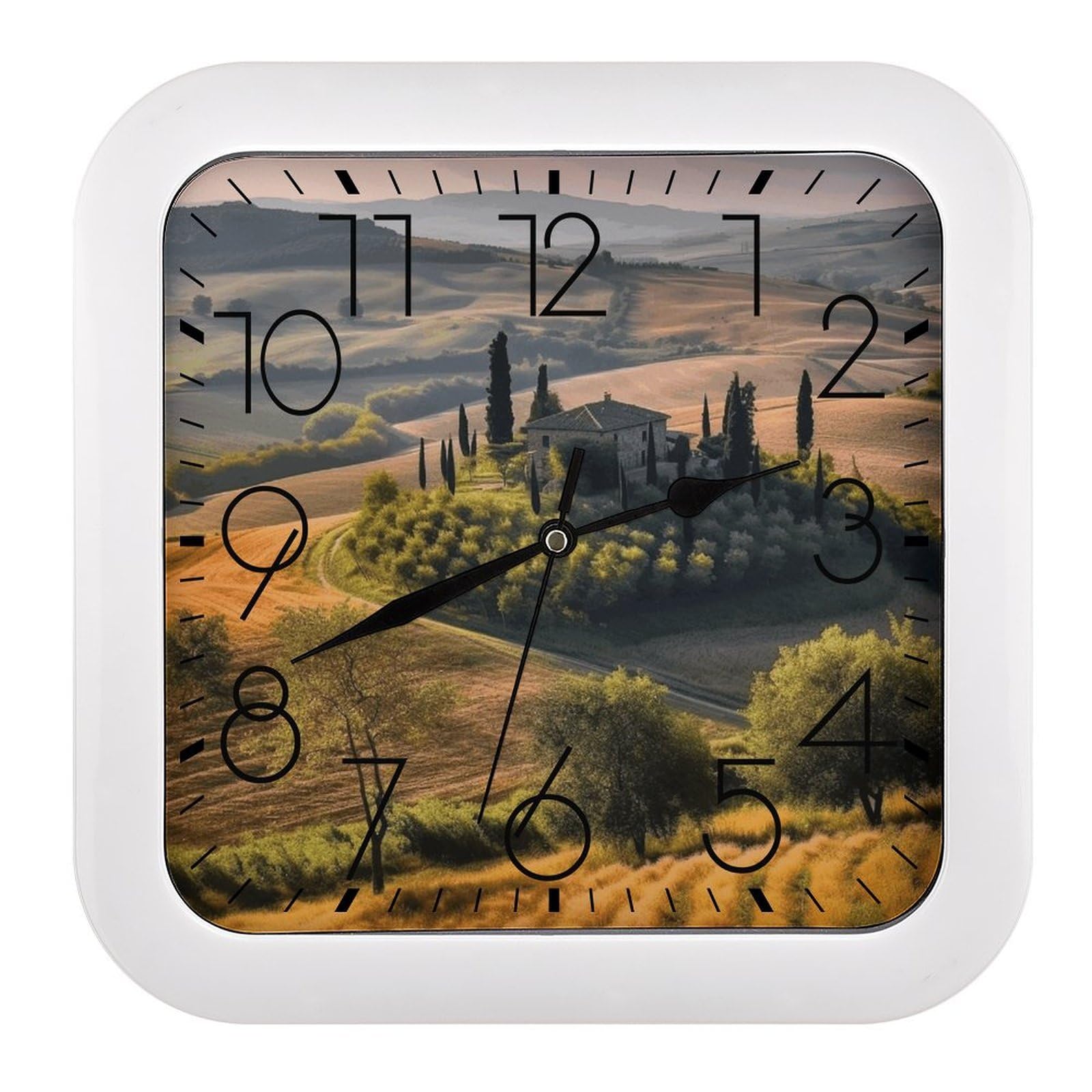 Tuscany Landscape Tree Scenery Farm Wall Clock Silent Non-Ticking Clocks Modern Frame Square Wall Clocks Battery Operated Analog Clock Home Decor for Living Room Bathroom Kitchen Office 10 In