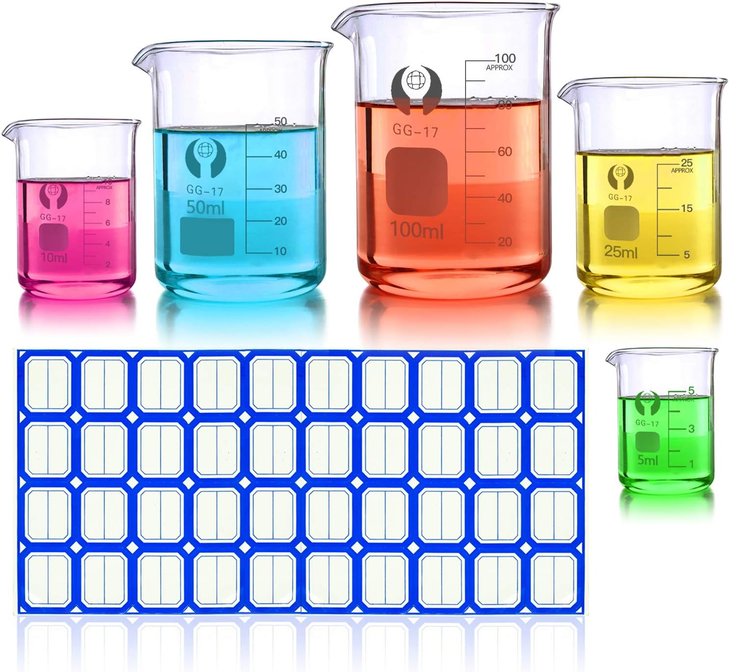 Wandefol Pack of 5 Transparent Glass Graduated Beaker, Small Model Glass Beaker 5ml/10ml/25ml/50ml/100ml with Labels Stickers Experiment, DIY Cosmetics