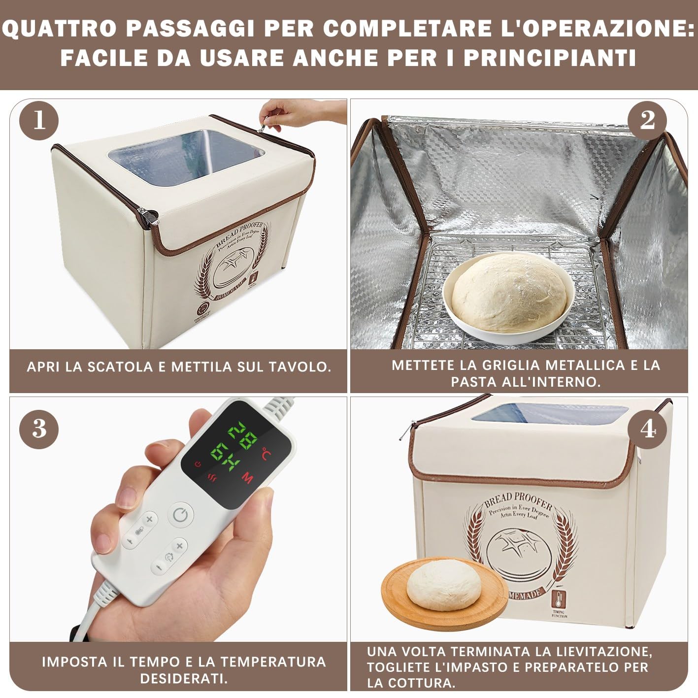 Scatola Lievitazione Pane con Riscaldamento, Cestino Pieghevole per Lievitazione Dell'impasto con Coperchio, Regolazione Temperatura e Controllo Tempo, Cestini di Lievitazione per Pane, Pizza, Yogurt
