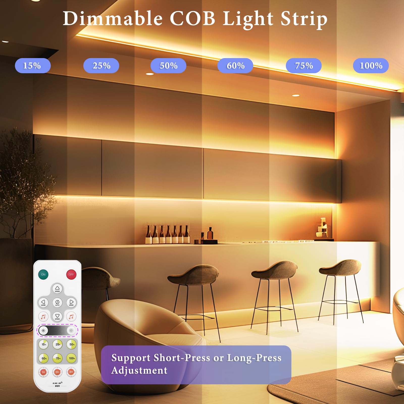 Kit de tiras LED COB de 5 metros regulable 2700 K blanco cálido 24 V/2400 LEDs/CRI90+ con 8 puertos funciona con Alexa/Google Assistant para dormitorio, TV, iluminación