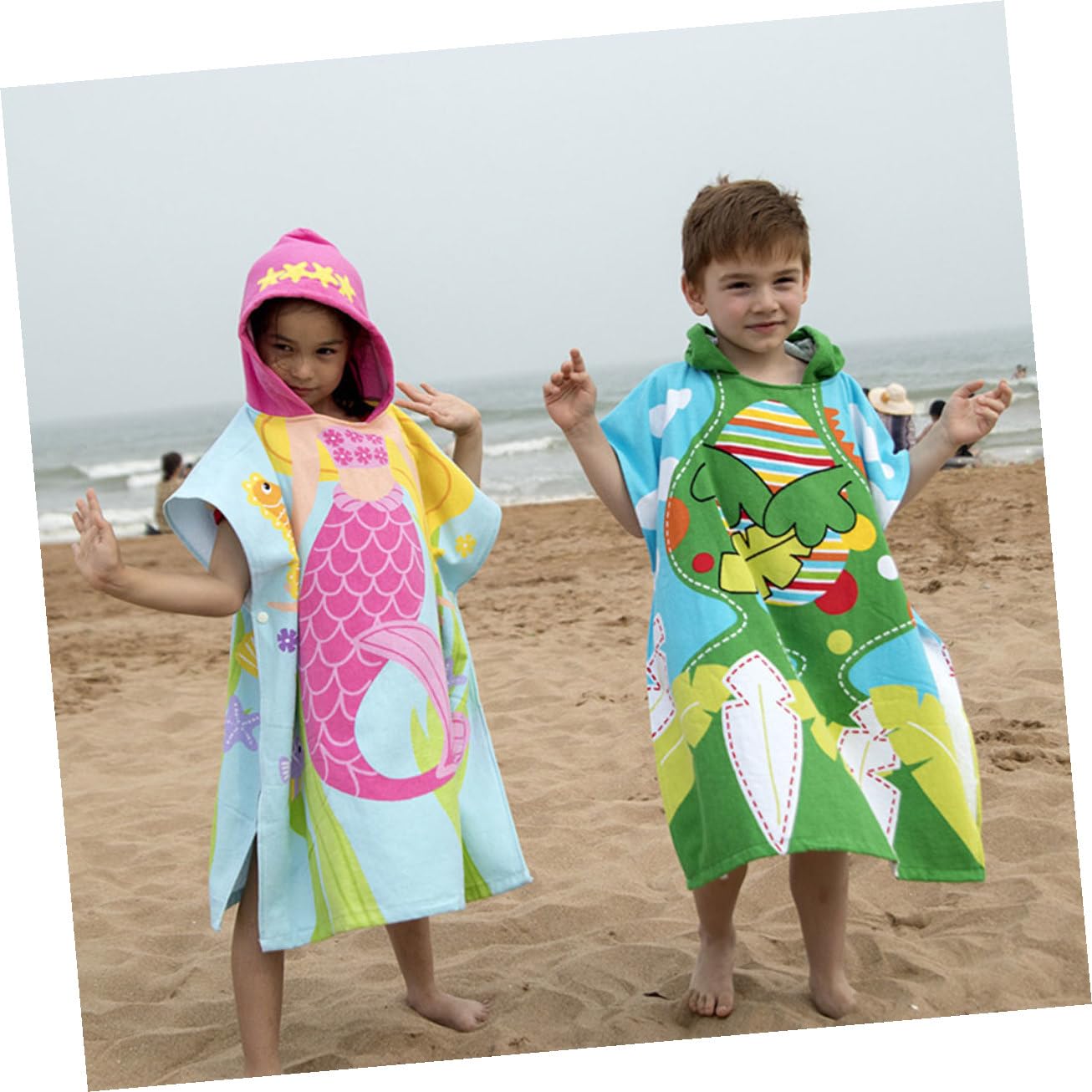 Hohopeti Serviette de Plage Garçon Fille à Capuche Coton Doux Cape de Bain Portable Imprimé Sirène Serviette Plage Cartoon pour Garçon et Fille