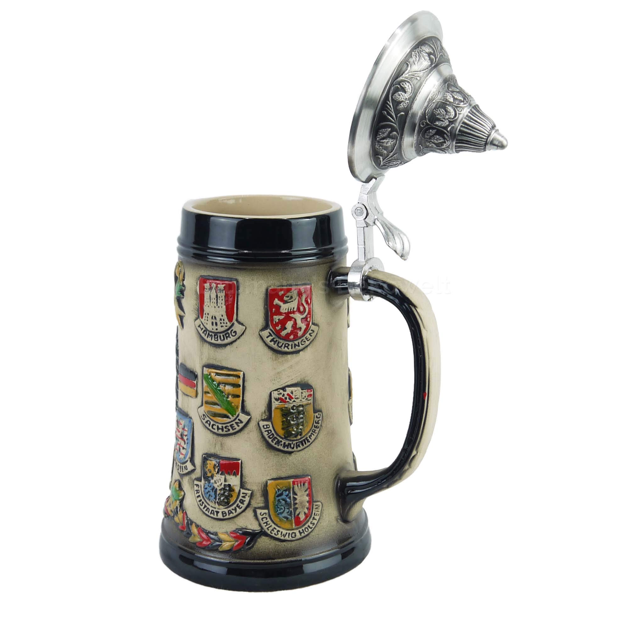 A-Z Super Preiswert Bierkrug Deutschland Rustika 0,5L mit Zinndeckel, Keramik, Bierkrug, Zylinder, 500 Milliliter, Zuhause