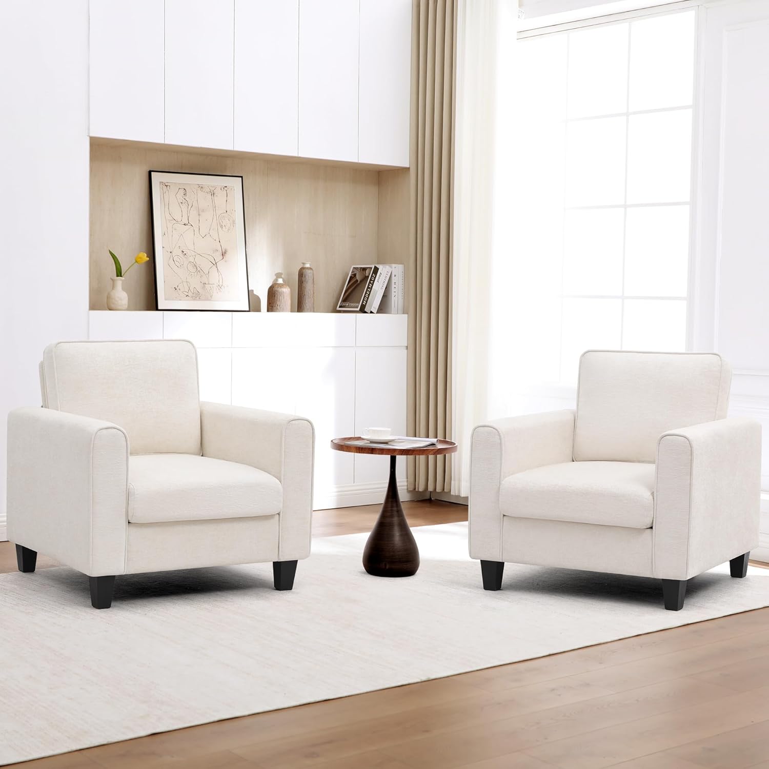 Accent Chairs Set of 2 for Living Room, Mid Century Modern Upholstered Living Room Chair, Chenille Reading Armchair for Apartment, Waiting Room, Office, Beige