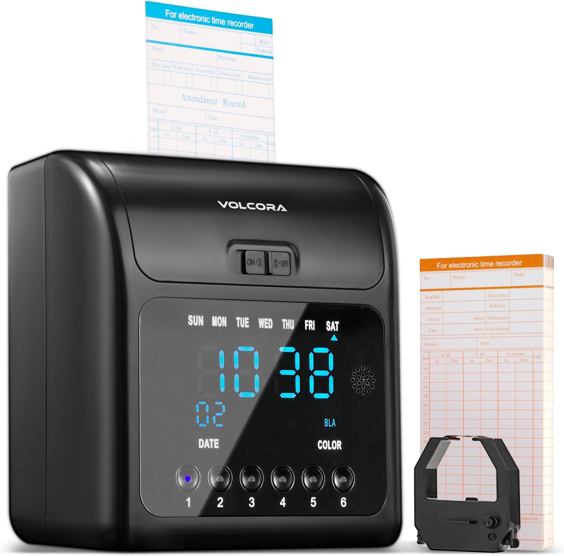 Volcora Time Clock for Employees with 50 Time Cards, 1 Ink Ribbon, Punch Time Clocks Machine for Small Business with Backup Battery, No Key and Network Need, Time Card Machine for Office, Retail