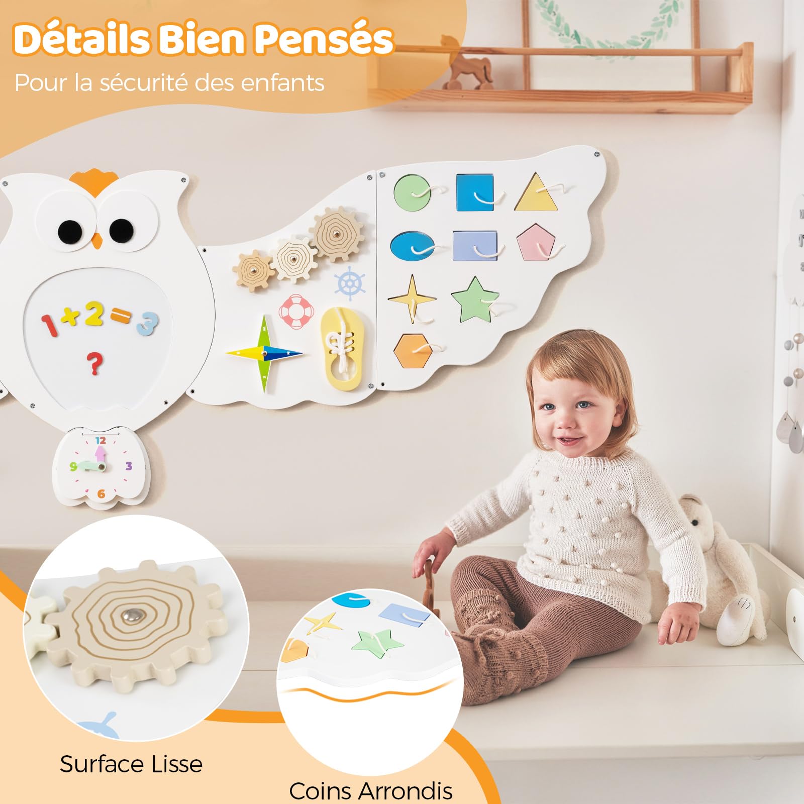 DREAMADE Busy Board Montessori, Planche d'Activités en Bois pour Enfants de 3+ Ans, Tableau Sensoriel avec 5 Tableaux, Jeux Educatif pour Salle de Jeux, Maternelle (Blanc Hibou)