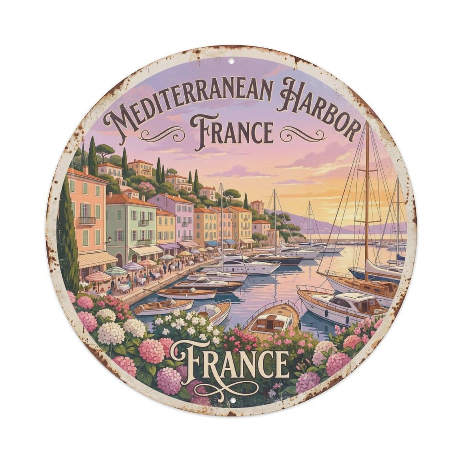 Vintage Travel Mediterranean Harbor France Metal Tin Sign Plaque Wall Decor for Cafe, Club, Garden Round Metal Poster 8x8Inch