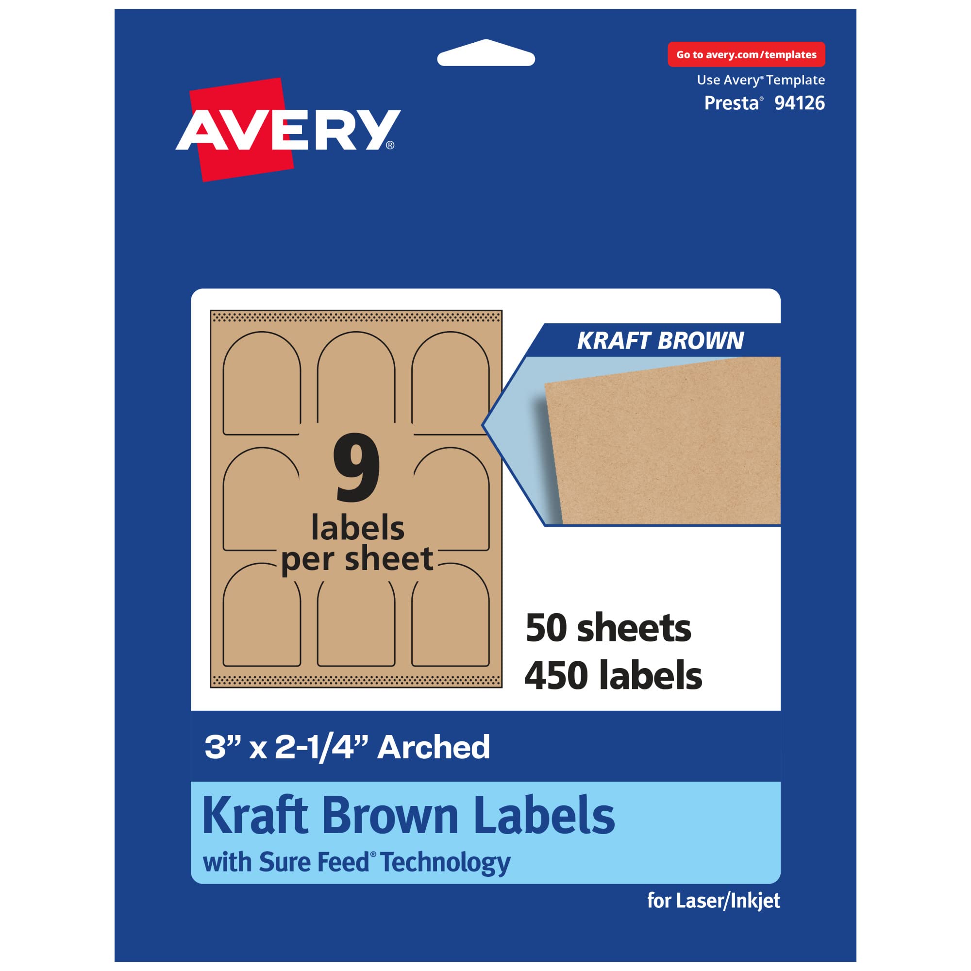Avery Etichette ad arco marrone Kraft con alimentazione sicura, 7,6 x 5,7 cm, 450 etichette marroni in carta kraft, etichette stampabili a bordo, stampabili a laser e a getto d'inchiostro