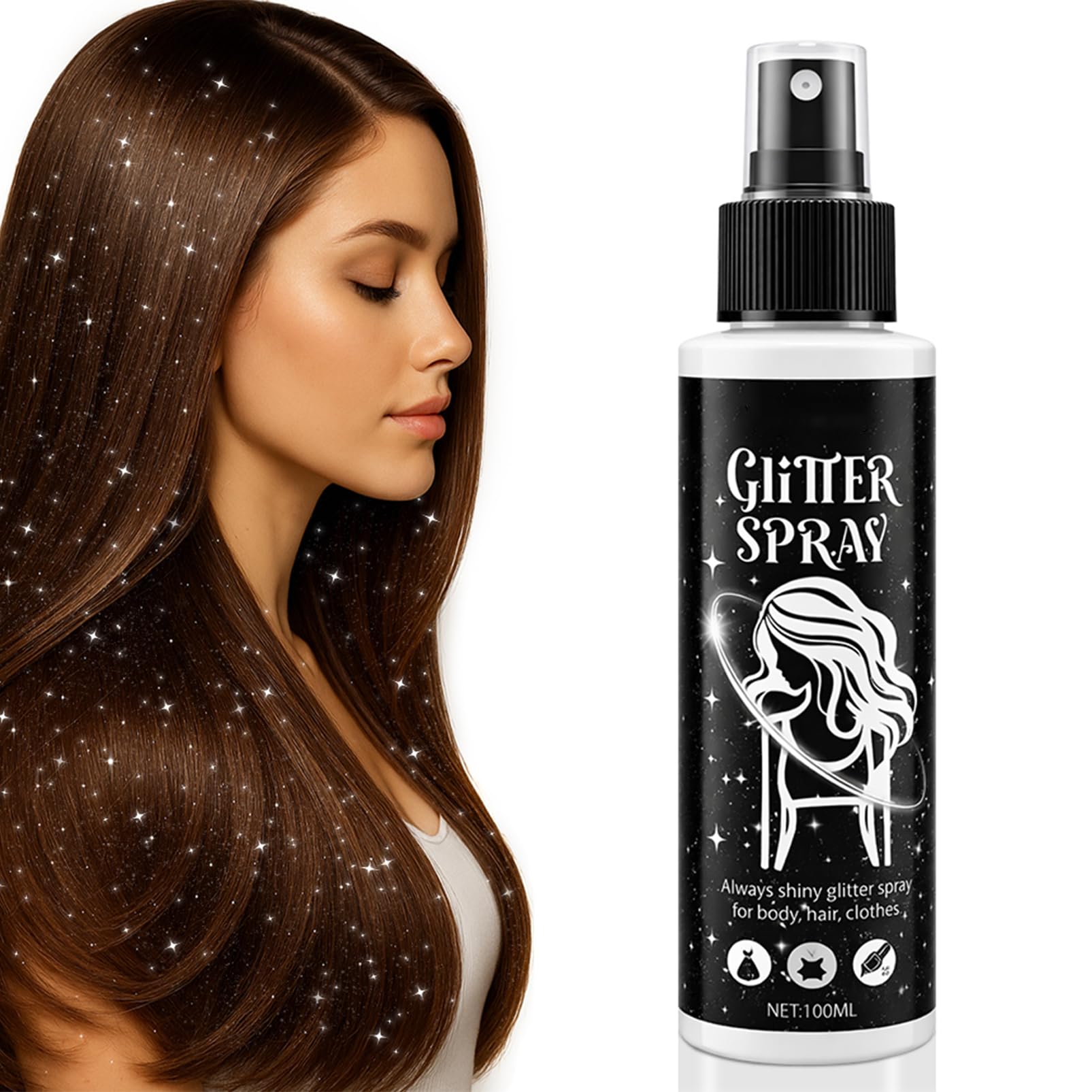 Spray glitter argento, glitter spray per capelli e corpo, glitter per viso e vestiti, body glitter spray con nebbia ultra fine, accessori per festival ad asciugatura rapida per Halloween Carnevale