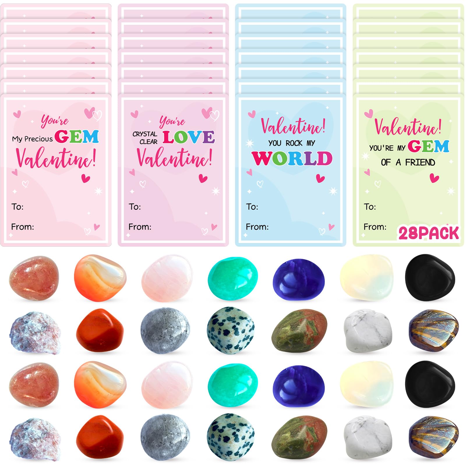 BCUEIDO 28 Pack Valentine's Day Gifts Cards with Natural Gemstone Crystals Rocks Minerals, Valentine's Cards for Valentines Exchange, Prize Supplies,