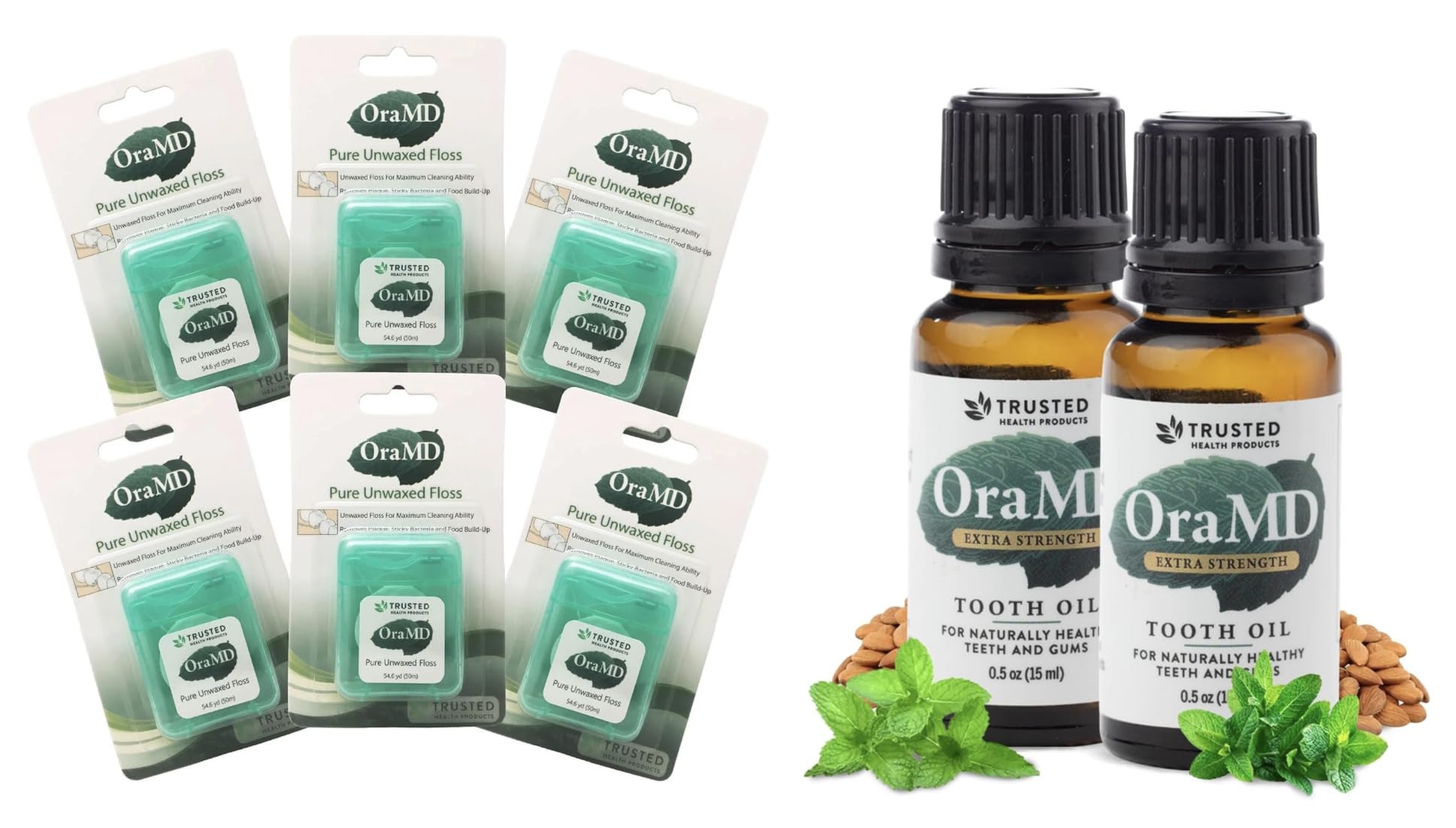 OraMD Pure Unwaxed Dental Floss 6-Pack Plus Extra Strength Tooth Oil 2-Pack Natural Toothpaste Mouthwash Alternative Chemical Free