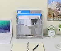 Vista 5 de EasyPAG Organizador de papel de escritorio de malla para colgar en la pared con 3 estantes verticales y cajón deslizante, color plateado