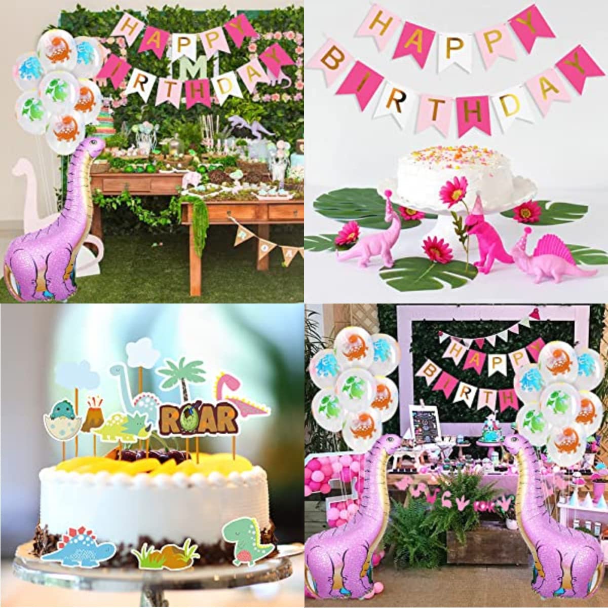 Pink Glitter Dinosaur Birthday Party Banners - 3-Pack Dino Theme Decor For Girls, Baby Showers & Celebrations