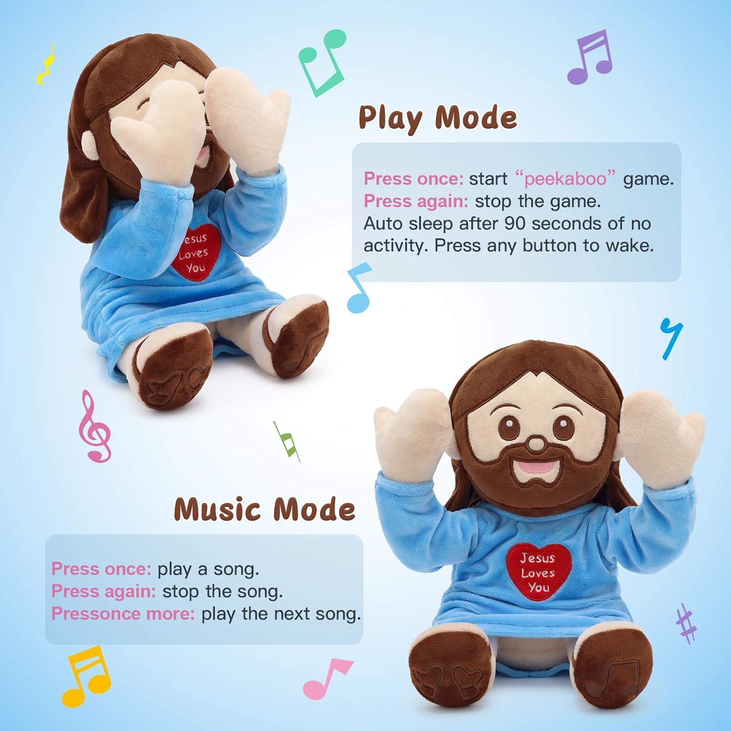 Yelakey Jesus Plush Peek A Boo Toy, Jesus Stuffed Doll Religious Plushie with 15 Bible Songs for Kids Christmas Easter Gifts 10''