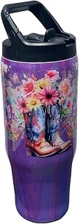 Hand Painted Purple Boots Stainless Clip Mate Hydro Bottle w/Lid and Straw- 30 Oz