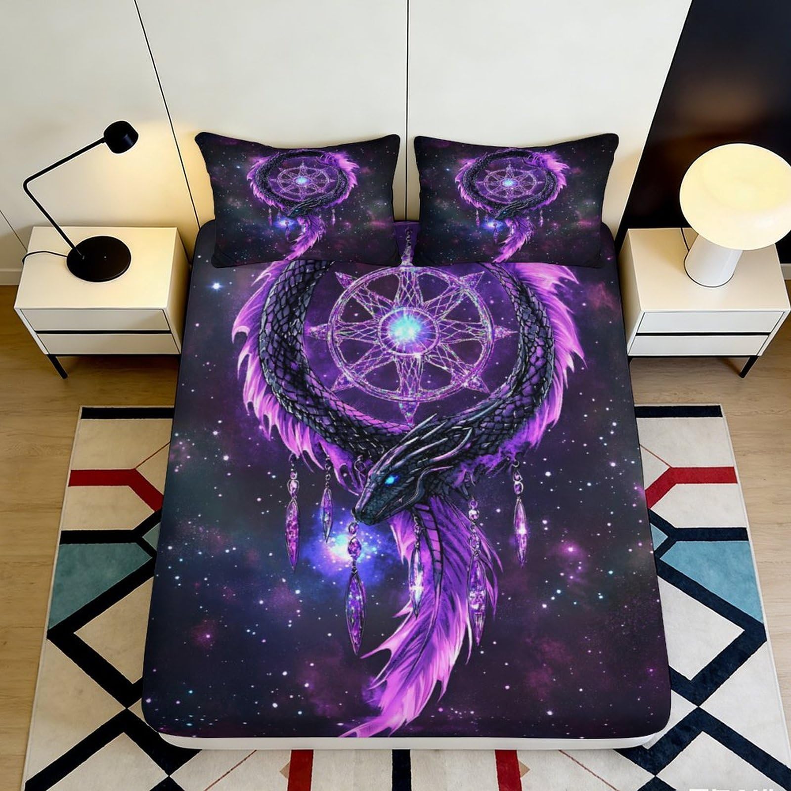 3D Printed Purple Dragon Dreamcatcher Fitted Sheet Microfiber Soft Durable Cosmic Nebula Bed Cover for Bedroom Dormitory Guest Room Protection 160x200x25cm