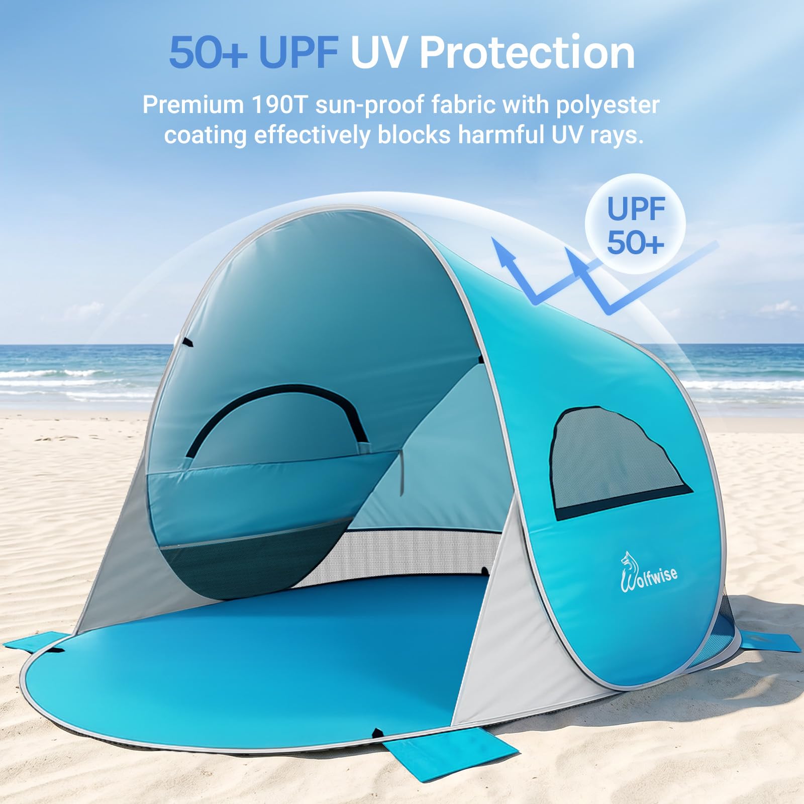 Wolfwise Pop Up – Osłona Plażowa UPF 50+, Namiot Plażowy, Przenośny Namiot do Aktywności na Świeżym Powietrzu i Uprawiania Sportu, Niebieski