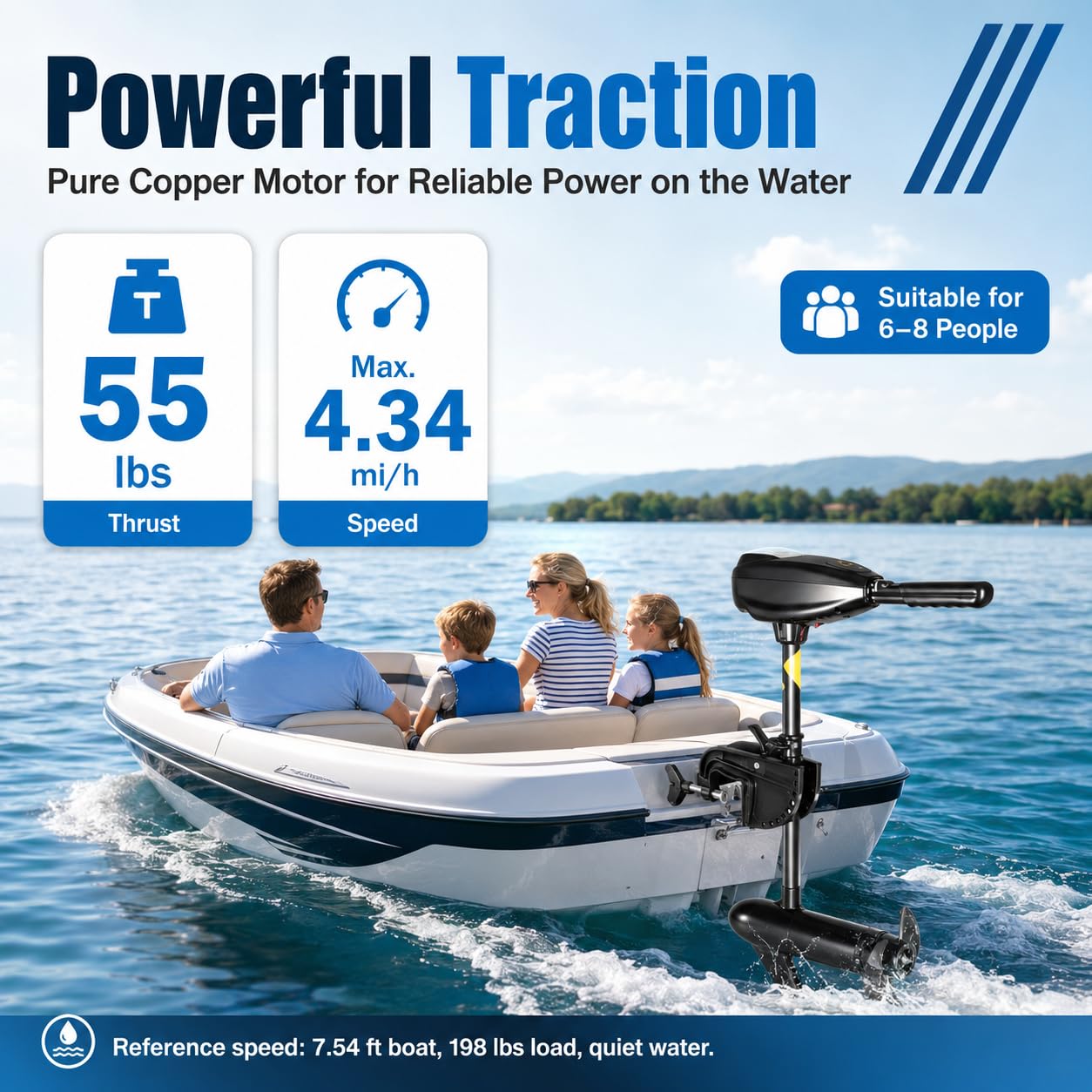 Elektro Außenborder 55 lbs, 12V, 5 Vorwärts-/3 Rückwärtsgänge | 626 W Kupfermotor | 5/3 Gänge | Batterieanzeige | Teleskopgriff 45-56 cm | Klemmhalterung | Schutzring-Propeller