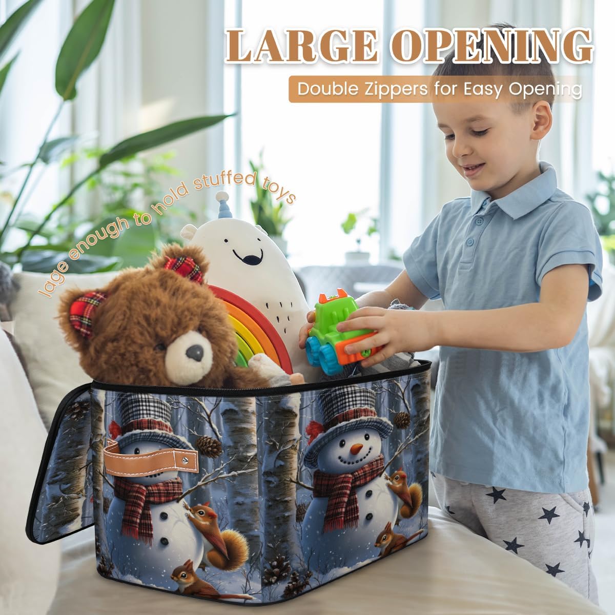 Storage Bin Set of 2 Squirrel Winter Snowman Storage Basket with Zipper Lid & Handle Foldable Closet Shelf 2 Pack Cloth Organizer Basket Cube Bins for Bedroom, Nursery