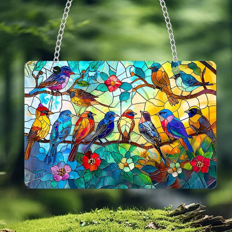 Birds on A Branch Stained Window Hanging Ornament, Spring Birds Stained Acrylic Double-Sided Printed Window Panel, Great Gift for Mom Grandma and Birds Lover for Birthday Mother's Day or Housewarming