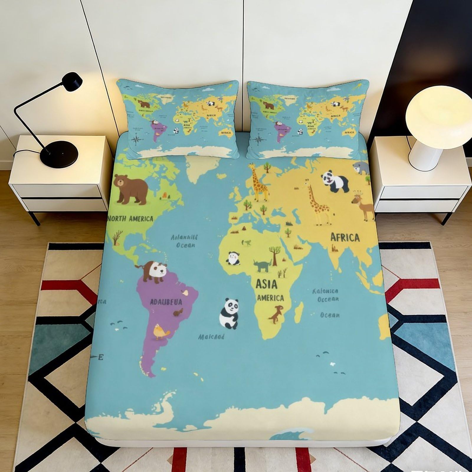 3D Printed World Map Fitted Sheet Microfiber Animal Pattern Mattress Cover Anti-Slip Washable for Bedroom Dorm Decor 120x200cm 180x200x25cm
