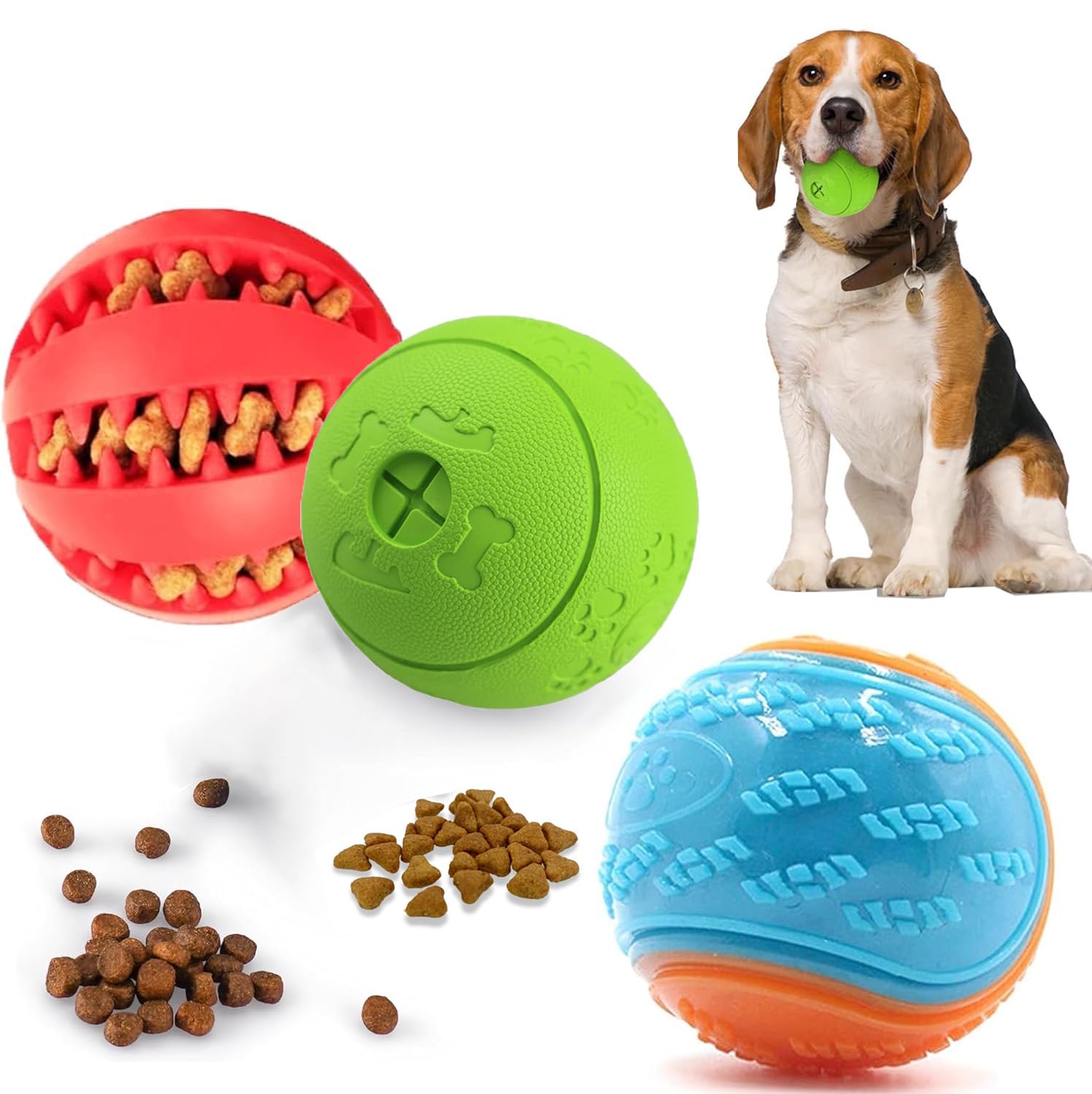 Guidre Pelota de Juguete para Perro,Bola de Goma para Comida,Juguete Interactivo para Perro,Juguete Dispensador de Golosinas para Mascotas,2 Unidades (1 Rosa+1 Verde+1 Azul y Naranja)
