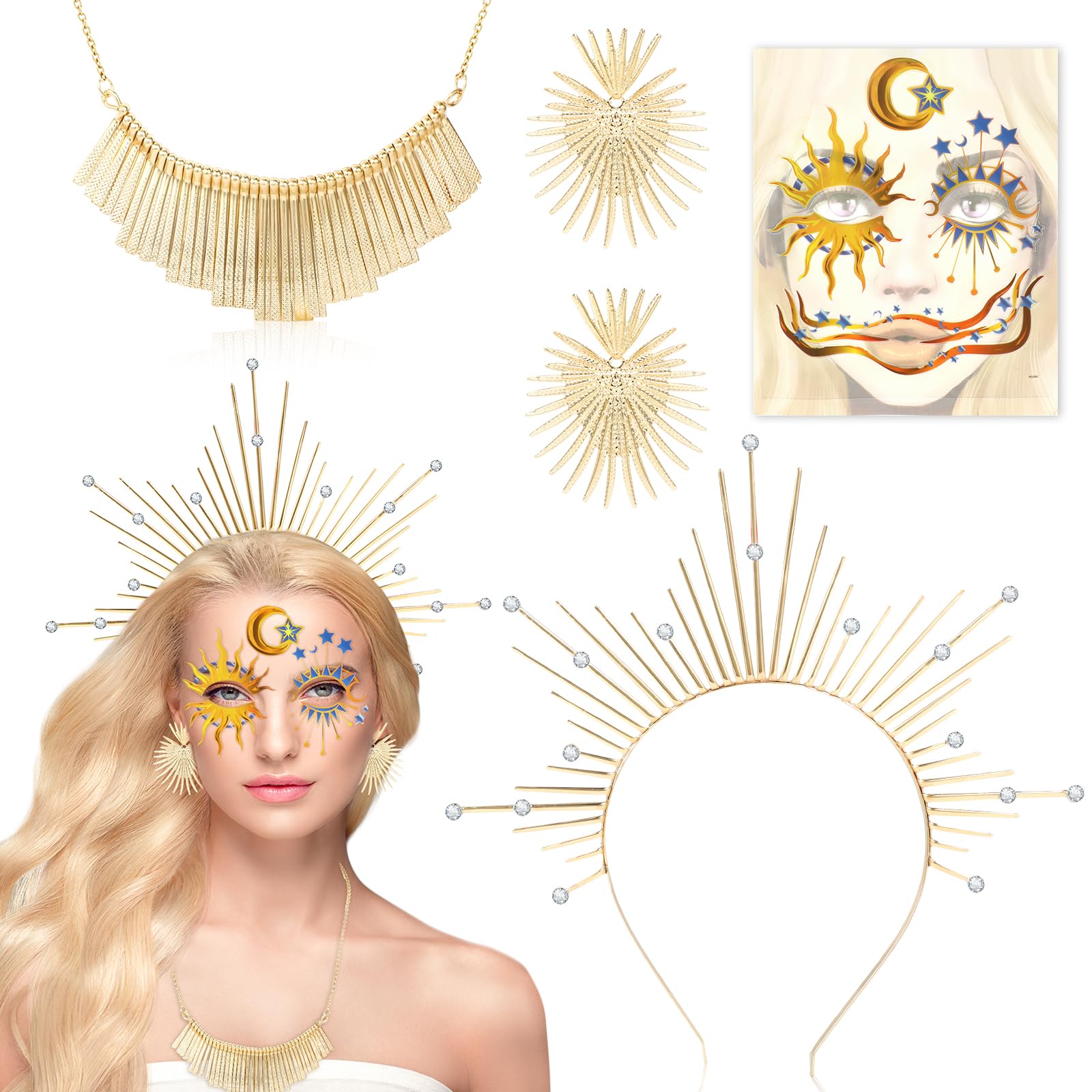 DPKOW Halo Crown Headband Sun Goddess Costume Accessories - Headwear, Headpiece, Necklace, Earrings, Face Tattoo for Greek Goddess, Women's Carnival Cosplay