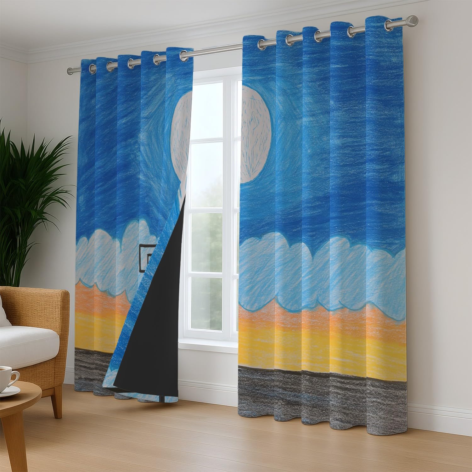 Fajne ręcznie rysowane zasłony zaciemniające, na boisko do koszykówki, z oczkami, pojedyncze, do farmy, salonu, sypialni, 135 x 245 cm (wys. x szer.), niebiesko-żółte, 2 sztuki