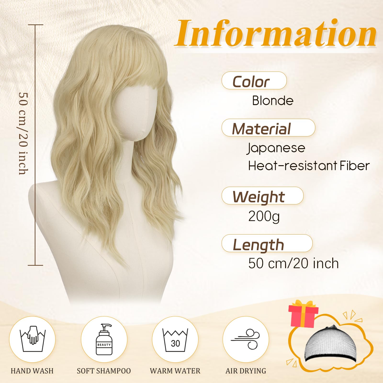 RUWISS Blond Lange Gewellte Perücke mit Pony für Damen, 20 Zoll Layered Perücke Damen, Natürlich Synthetisch Hitzebeständig Wigs für Alltag Party Cosplay Halloween
