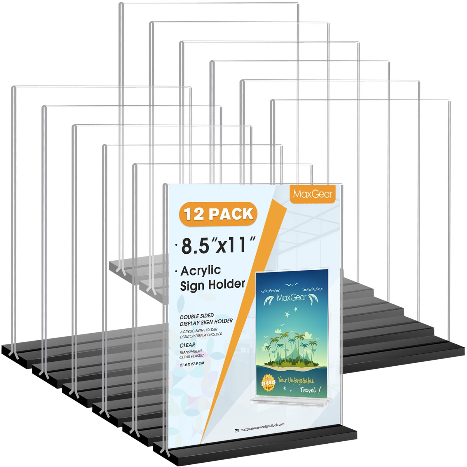 MaxGear Acrylic Sign Holder 8.5x11 Vertical, 12 Pack Double Sided Clear Display Stand, Table Paper Holder, Plastic Menu Flyer Stand, Plastic Sign