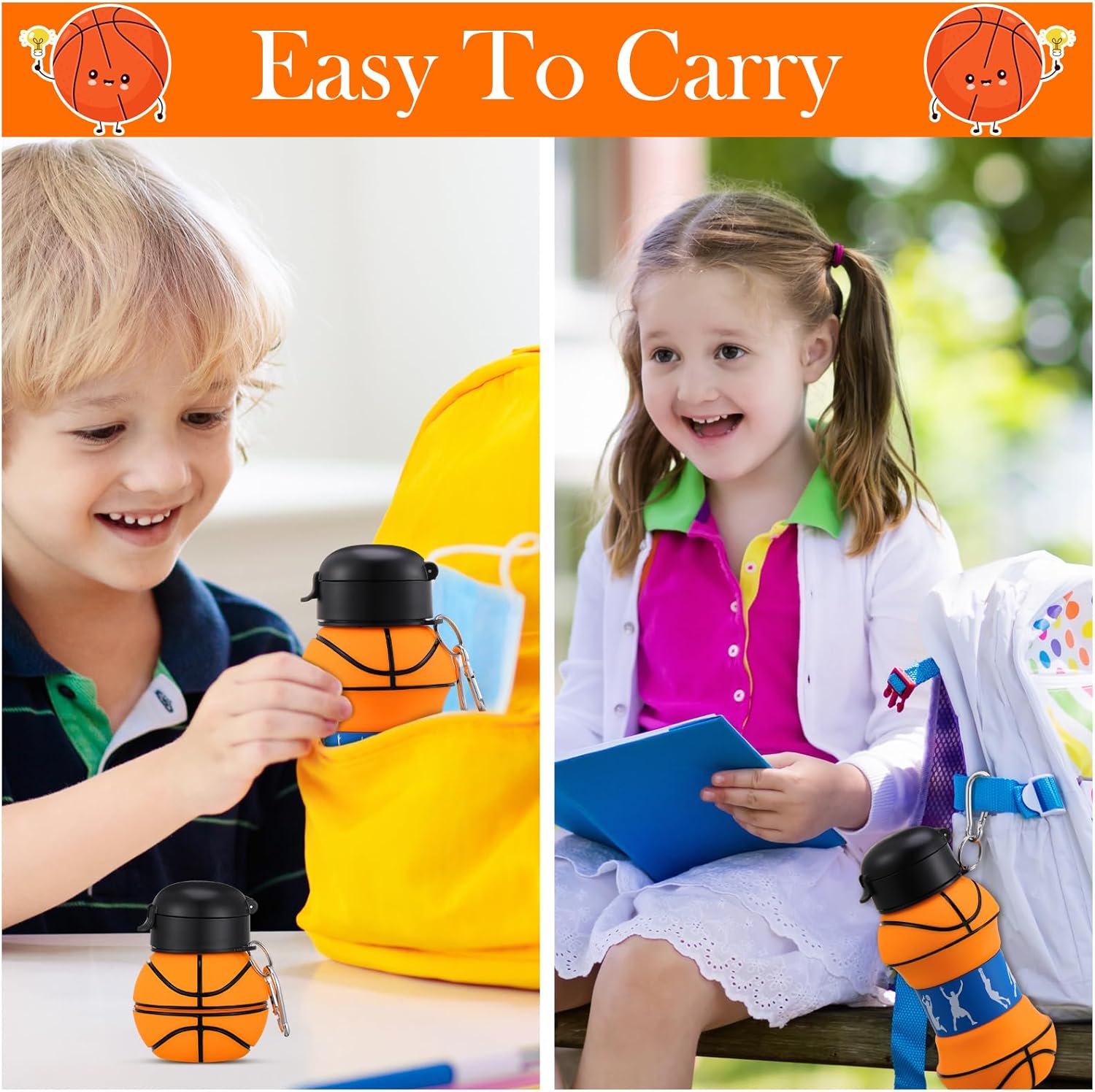 Layhit 8 Pcs Basketball Party Favors 18oz Collapsible Basketball Water Bottle for Kids Silicone Sport Water Cups for Players Lovers School Team Gifts Travel Sport Theme Party Accessories - Image 6