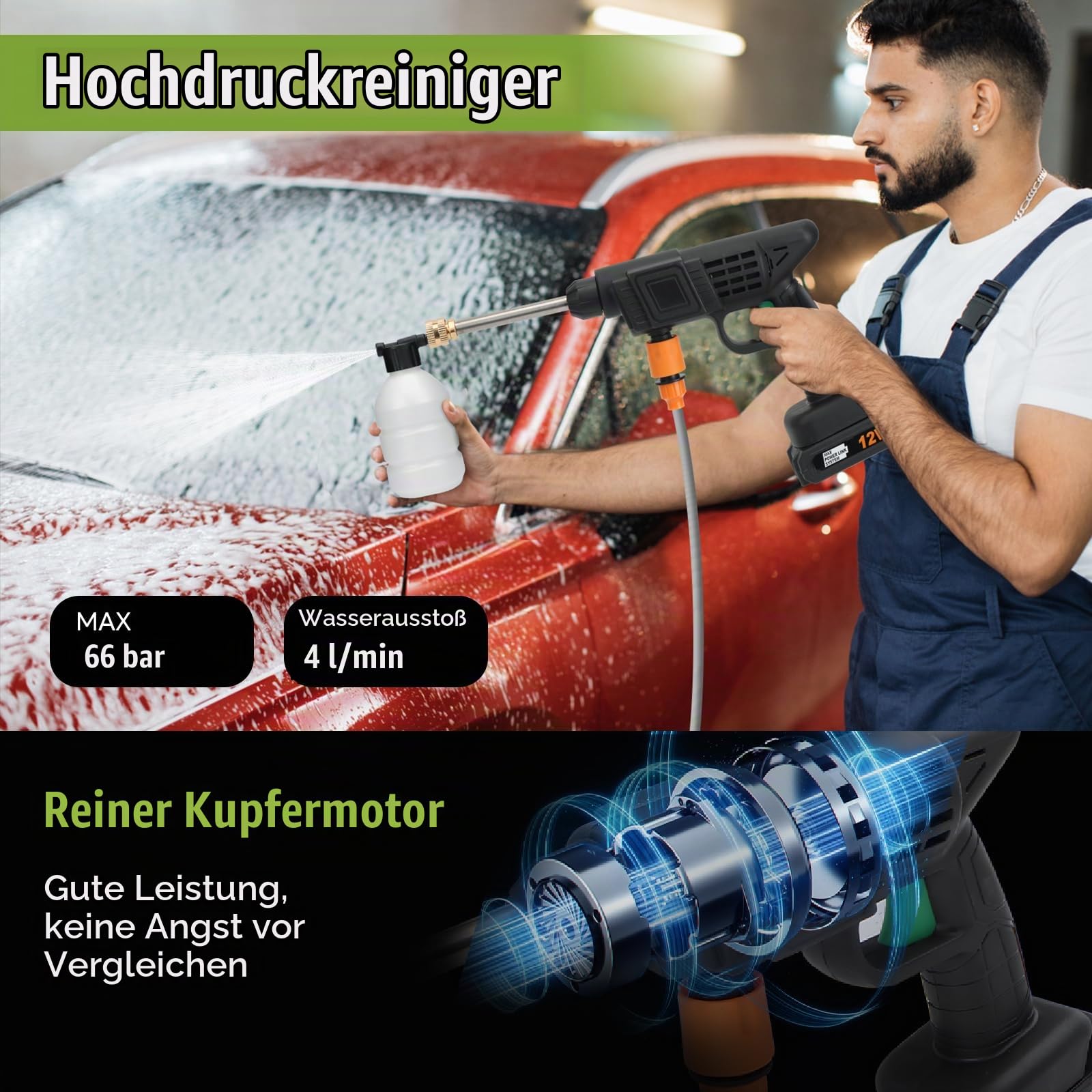 Akku Hochdruckreiniger,960PSI Hochdruckreiniger mit 2 Akkus,2-in-1-Düse,5m Schlauch und Schaumkanone – Mobiler Hochdruckreiniger,Tragbarer Pistole für Auto,Terrasse,Garten,Fahrrad und Außenbereiche