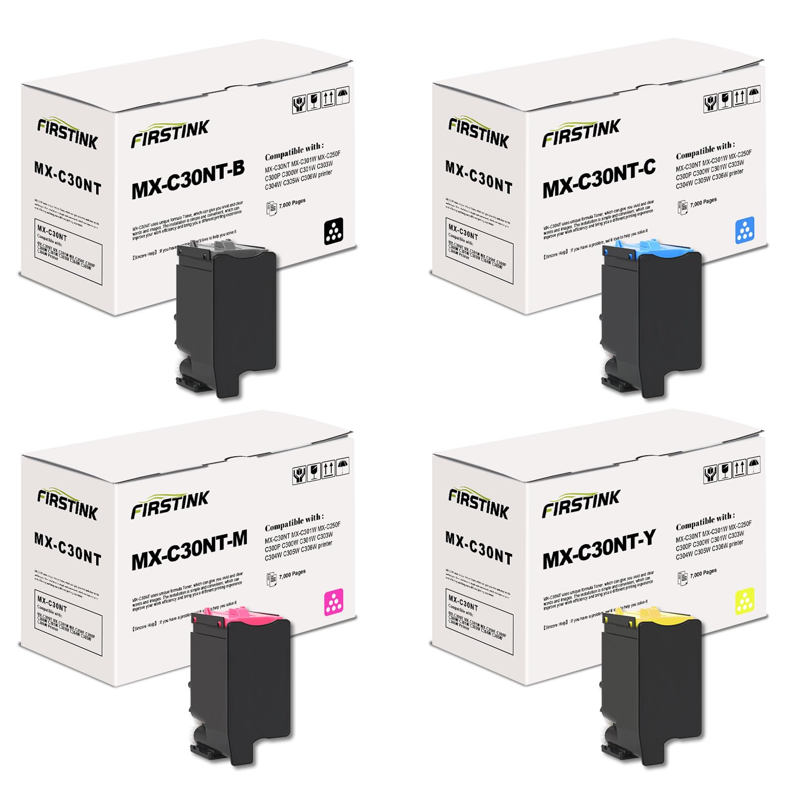 FIRSTINK MX-C30NT High Yield Toner Cartridge 4 Pack MX-C30NT-B MX-C30NT-C MX-C30NT-M MX-C30NT-Y Toner Set Replacement for MX-C30NT MX-C301W MX-C250F