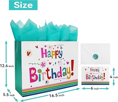 Miniatura 2 de Qirrmiy Juego de bolsas de regalo extra grandes de 16.5 pulgadas con tarjeta de felicitación y papel de seda verde (lindo "Happy Birthday") para