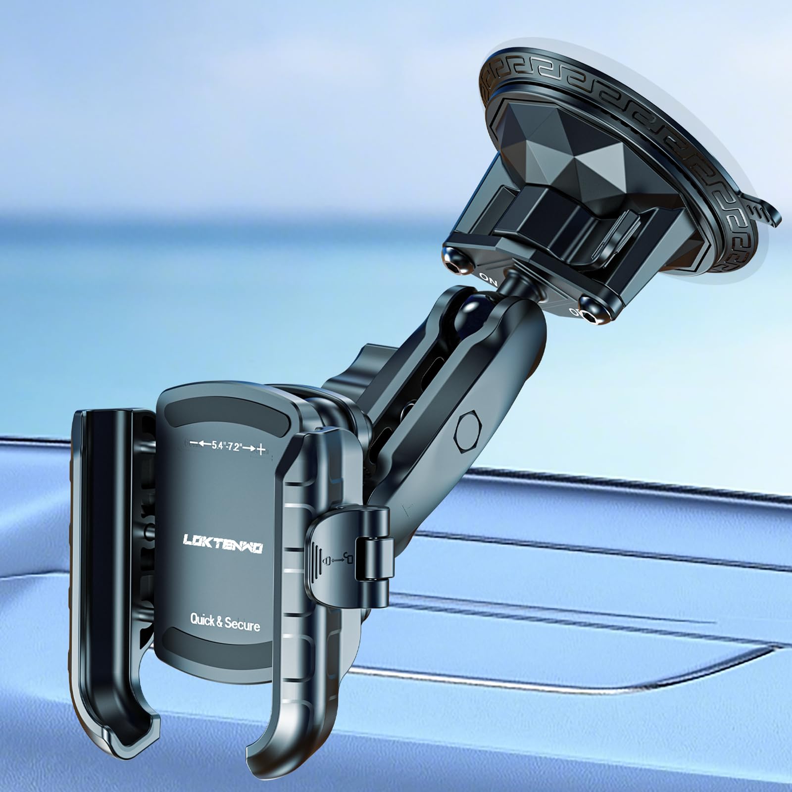 LOKTENWO Handyhalterung mit Vibrationsdämpfer und Twist-Lock-Saugnapf-Basis, [Kamerafreundlich] [1s Lock & Release] mit mittelgroßem Metallarm für Fahrzeug-Windschutzscheiben, passend für Smartphones