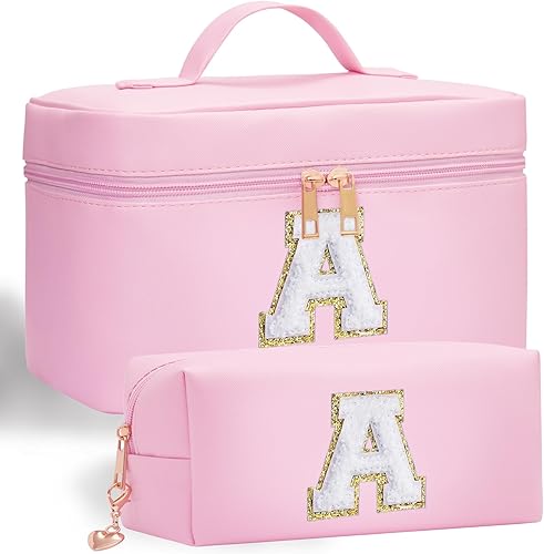 Miniatura 7 de Bolsa de maquillaje con inicial, 2 bolsas de maquillaje con iniciales para mujeres y niñas, bolsa de cosméticos personalizada con monograma