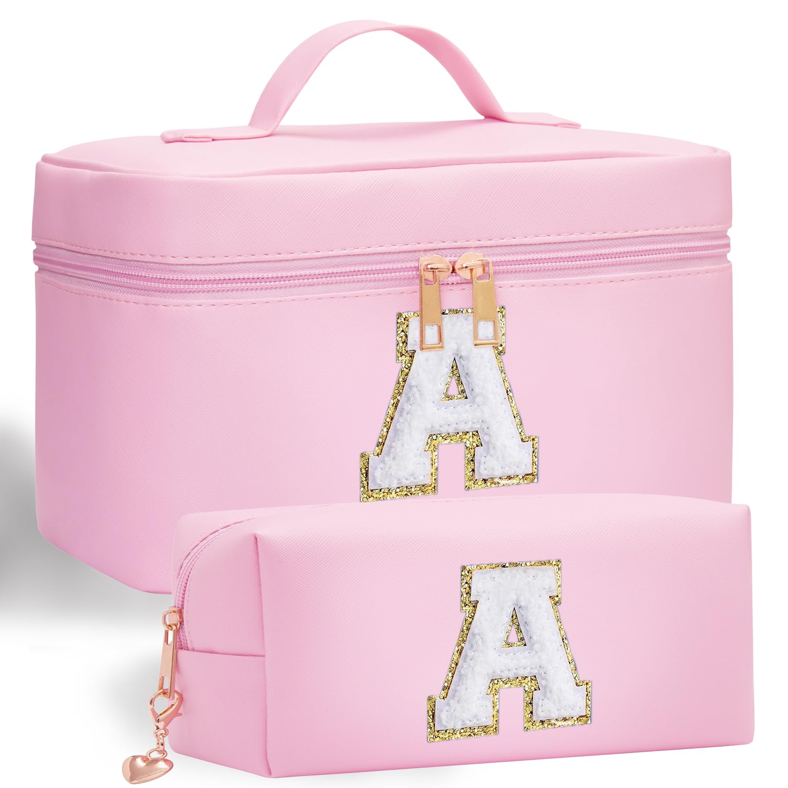 Adoryoung Initial Makeup Bag, 2pcs Initial Makeup Cosmetic Toiletry Bags for Women Girls, Leather Custom Monogram Personalized Cosmetic Bag, Birthday