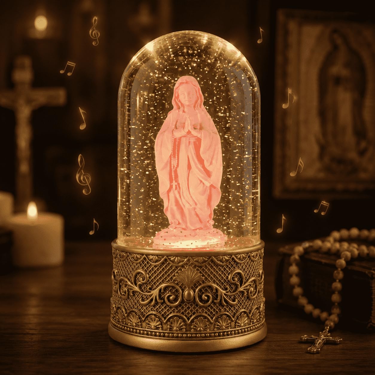 Virgin Mary Water Snow Globe Night Light with Silent Night Music, Catholic Mother Mary Musical Water Globe, 6 Hours Timer, USB or 3 AA Battery Powered, Religious Gift for Women Mom Grandma