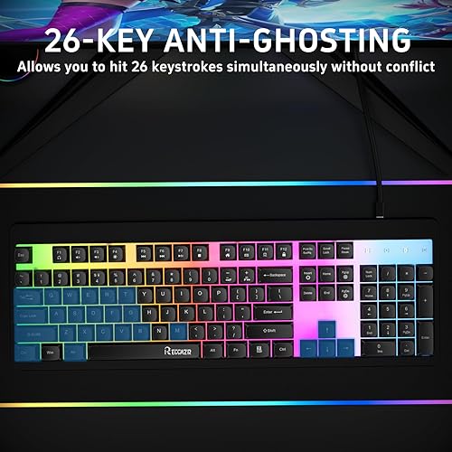 Miniatura 4 de RECCAZR Teclado para juegos retroiluminado LED arcoíris, 104 de tamaño completo, sensación mecánica multimedia, teclado para juegos de PC,