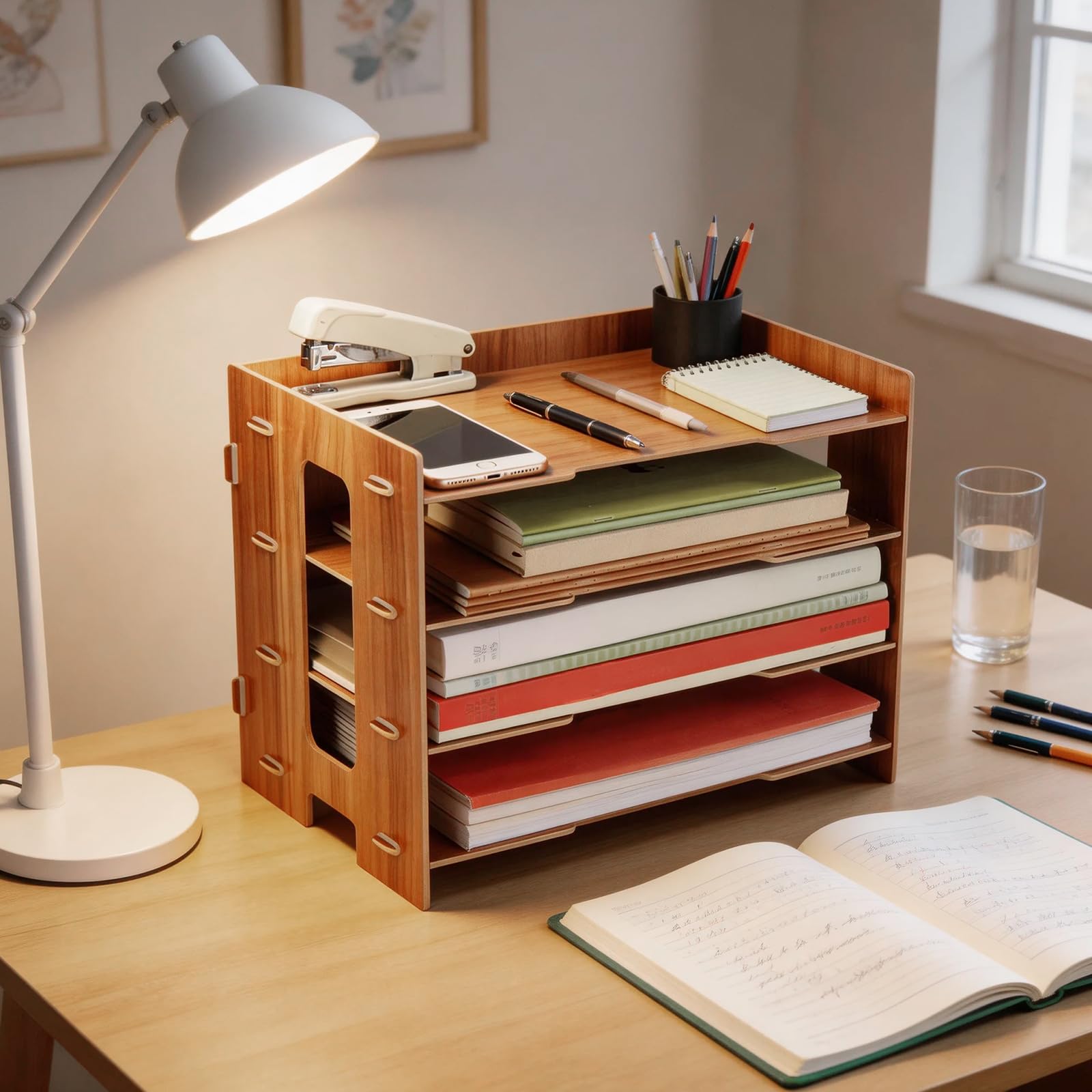 Bandeja de madera para cartas A4, 4 niveles, de madera de Sakura, organizador de escritorio con compartimentos estables, para oficina y hogar, 33 x 24 x 27 cm