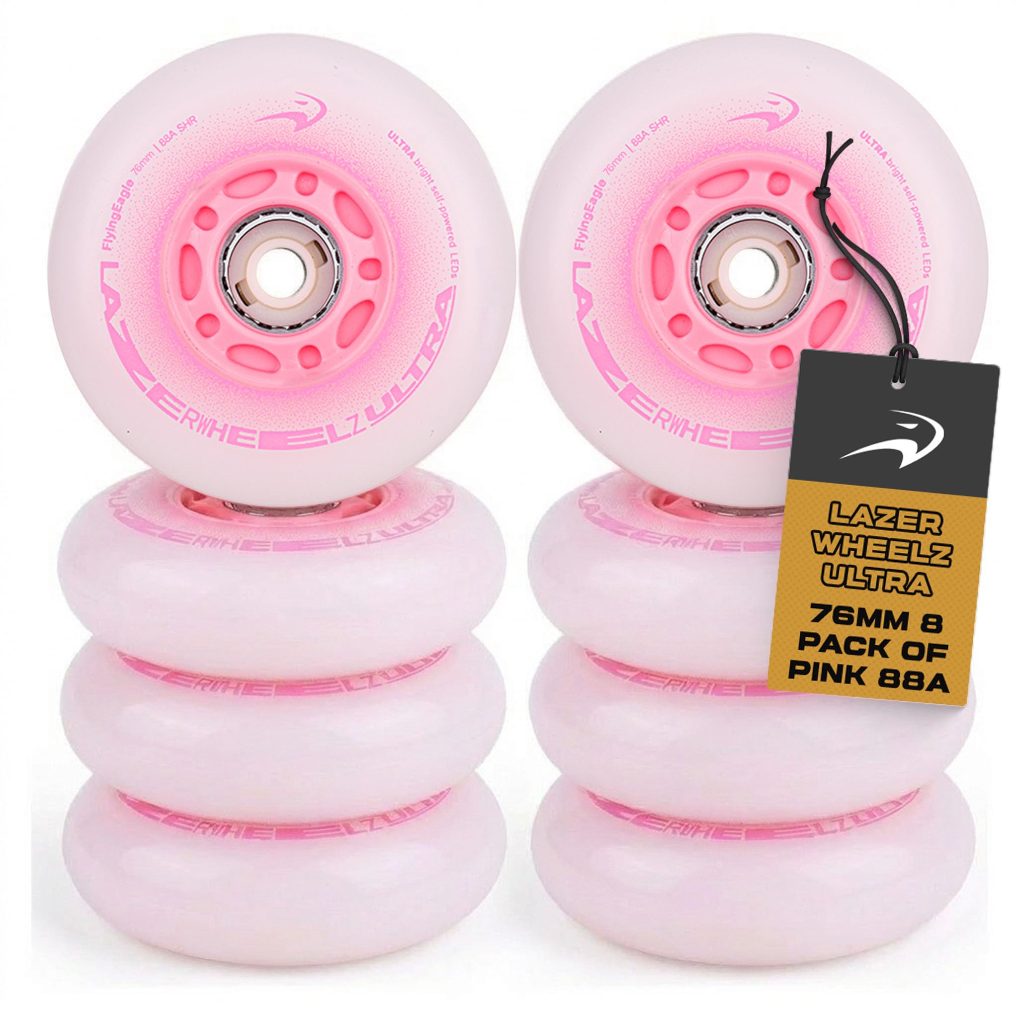Flying Eagle LazerWheelz Ultra - Light Up Inline Skate Wheels Indoor/Outdoor, 76mm 8 Pack of Pink 88A Hardness LED Lights for Roller Skate Wheels Replacement, Adult Inline Accessories