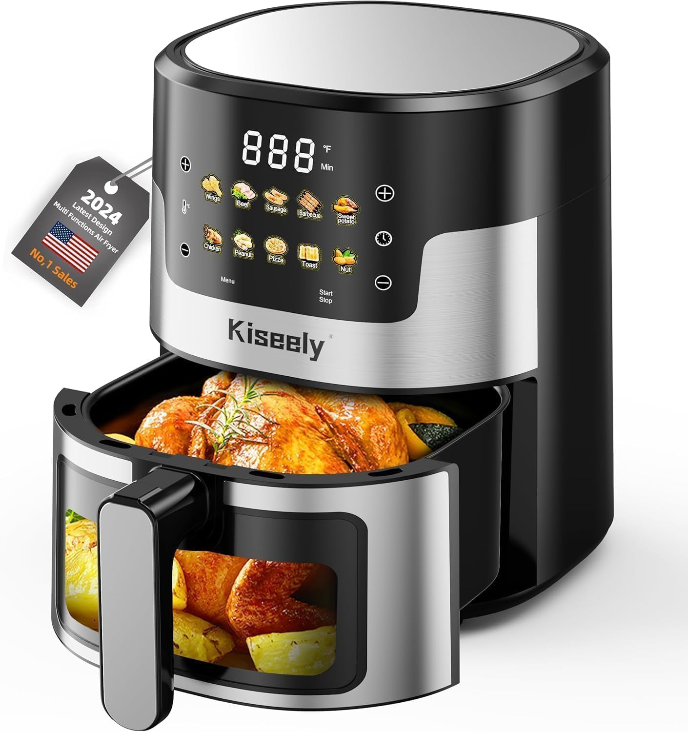 Air Fryer, 6 QT Air Fryers with Glass Touch Screen, Clear Windows, 10-in-1 Stainless Air Fryer Oven with Auto Shut-Off Time & Temperature Control for Roast, Bake, Broil, Keep Warm (BQ2)